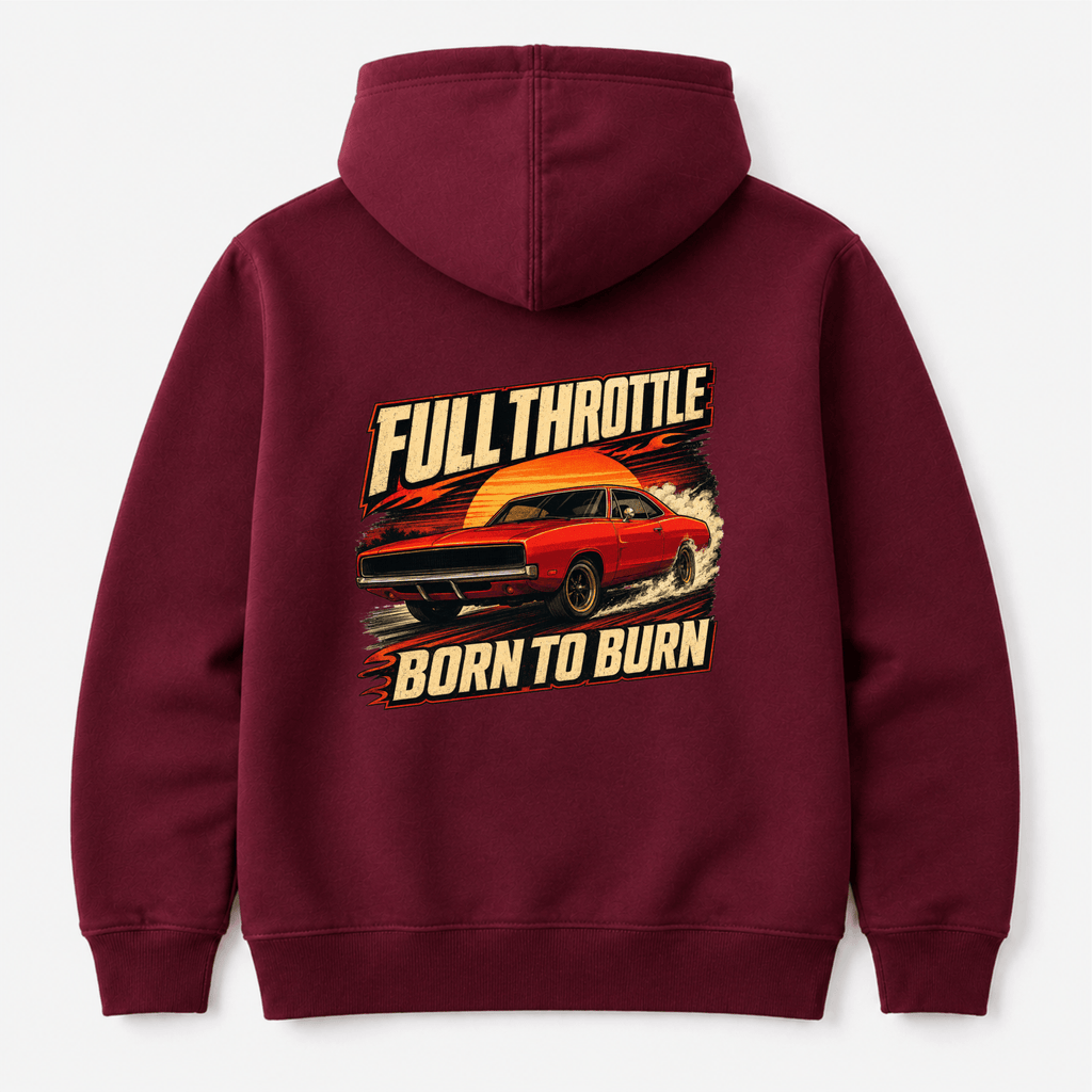 Camberline Cars Full Throttle Born To Burn Hoodie in Burgundy showing back graphic