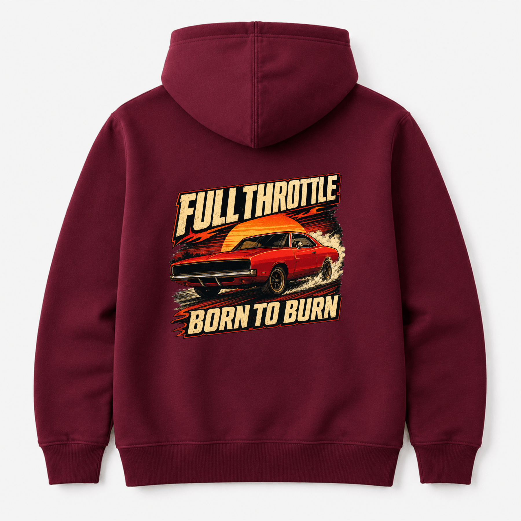 Camberline Cars Full Throttle Born To Burn Hoodie in Burgundy showing back graphic