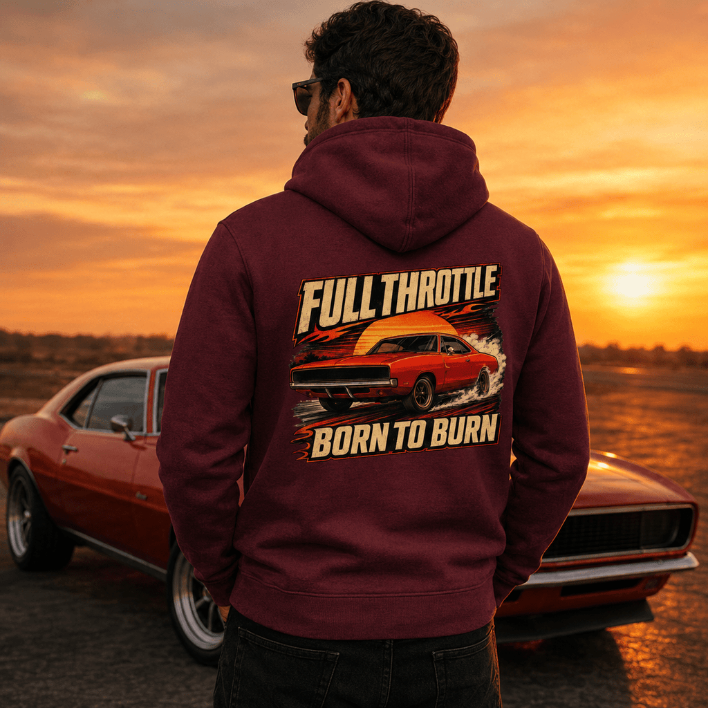Model wearing Camberline Cars Full Throttle Born To Burn Hoodie in Burgundy