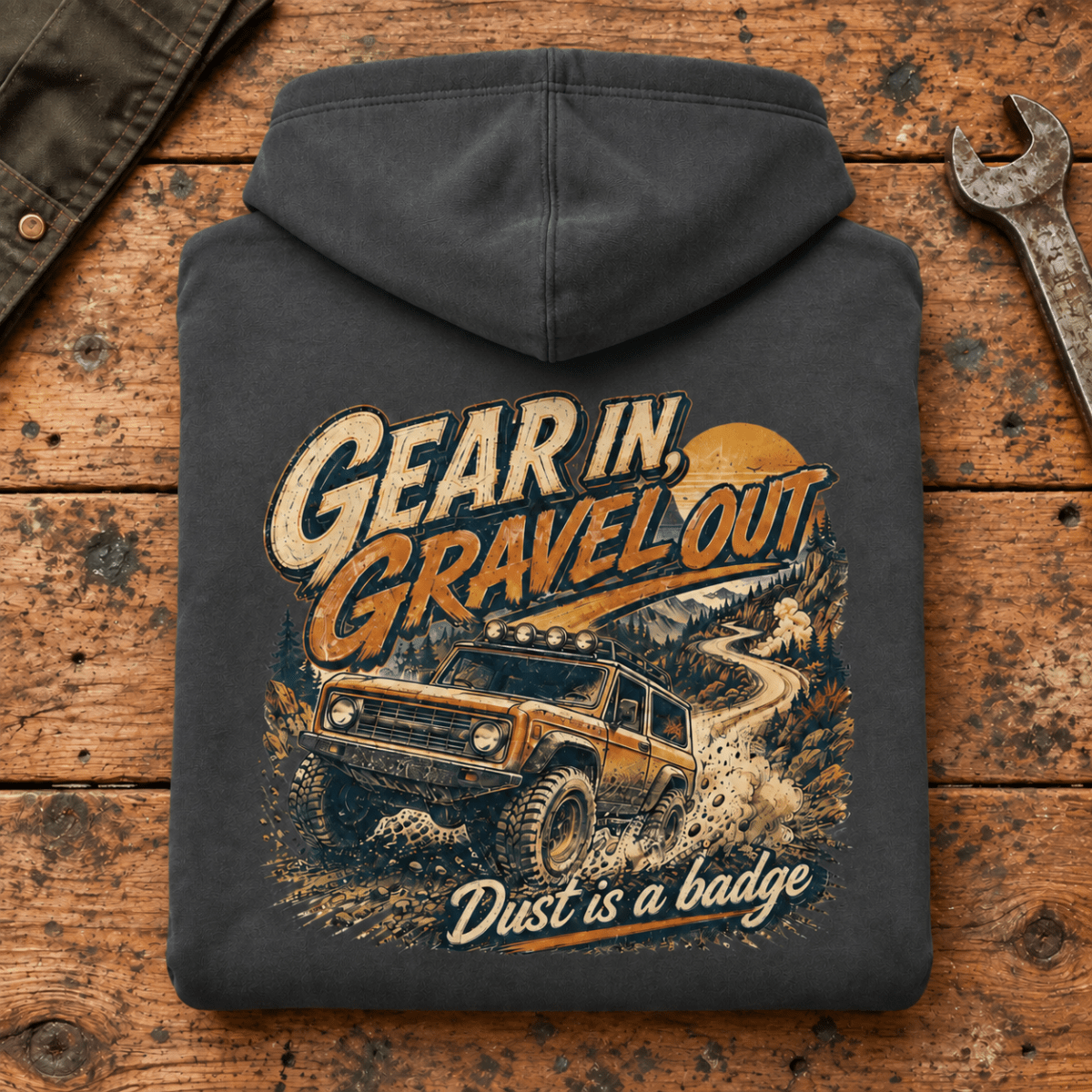 Folded dark grey Gear In Gravel Out Dust Is A Badge hoodie back on a workshop bench — car-hd-0003