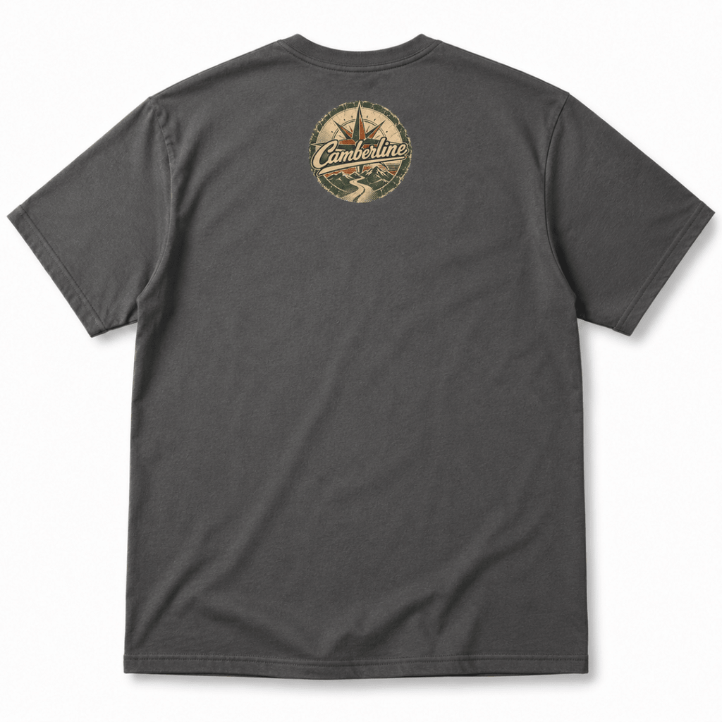 A dark charcoal gray short-sleeve t-shirt shown from the back, featuring a circular vintage-style 'Climber' logo printed in beige and brown tones near the upper center back.