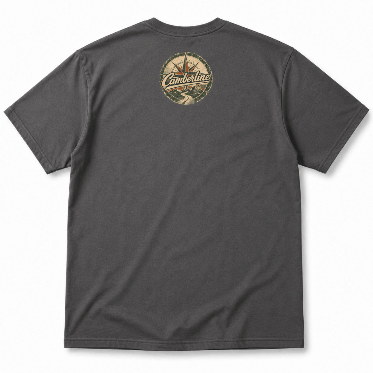 A dark charcoal gray short-sleeve t-shirt shown from the back, featuring a circular vintage-style 'Climber' logo printed in beige and brown tones near the upper center back.
