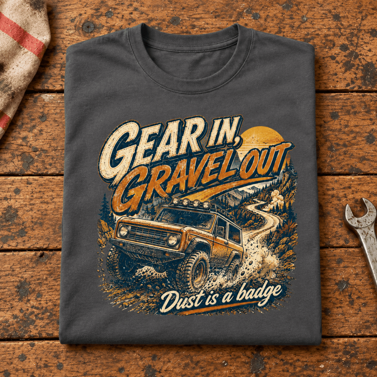 Folded dark grey Gear In Gravel Out Dust Is A Badge T-shirt front on a workshop bench — car-ts-0003