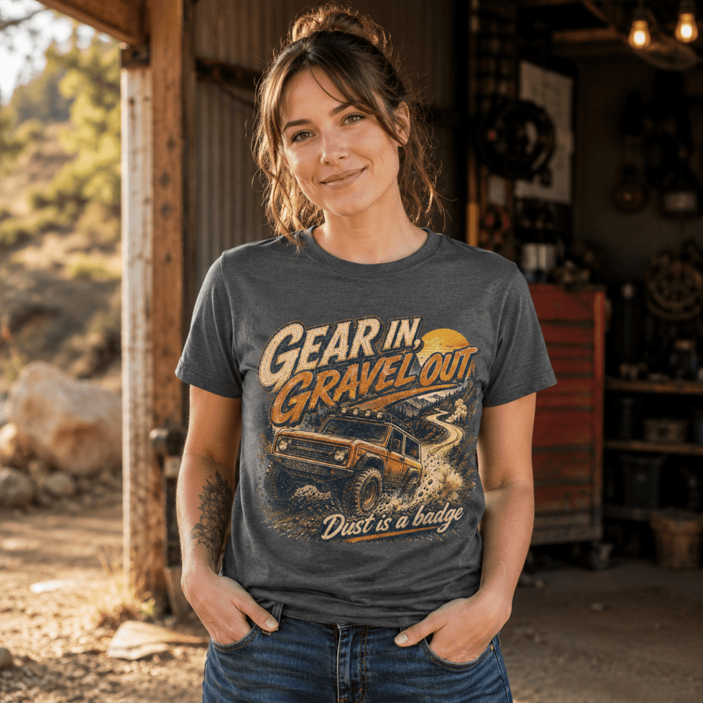A woman wearing a dark gray graphic t-shirt with an off-road truck design and the text 'Gear in Gravel Out' and 'Dust is a badge', standing in a rustic garage setting.