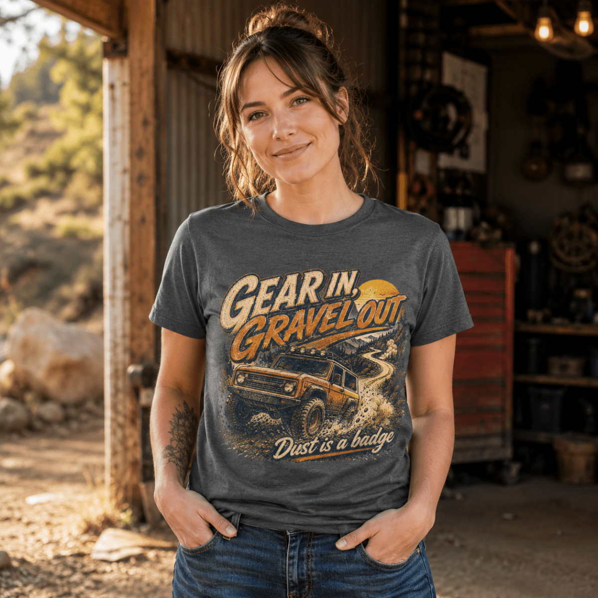 A woman wearing a dark gray graphic t-shirt with an off-road truck design and the text 'Gear in Gravel Out' and 'Dust is a badge', standing in a rustic garage setting.