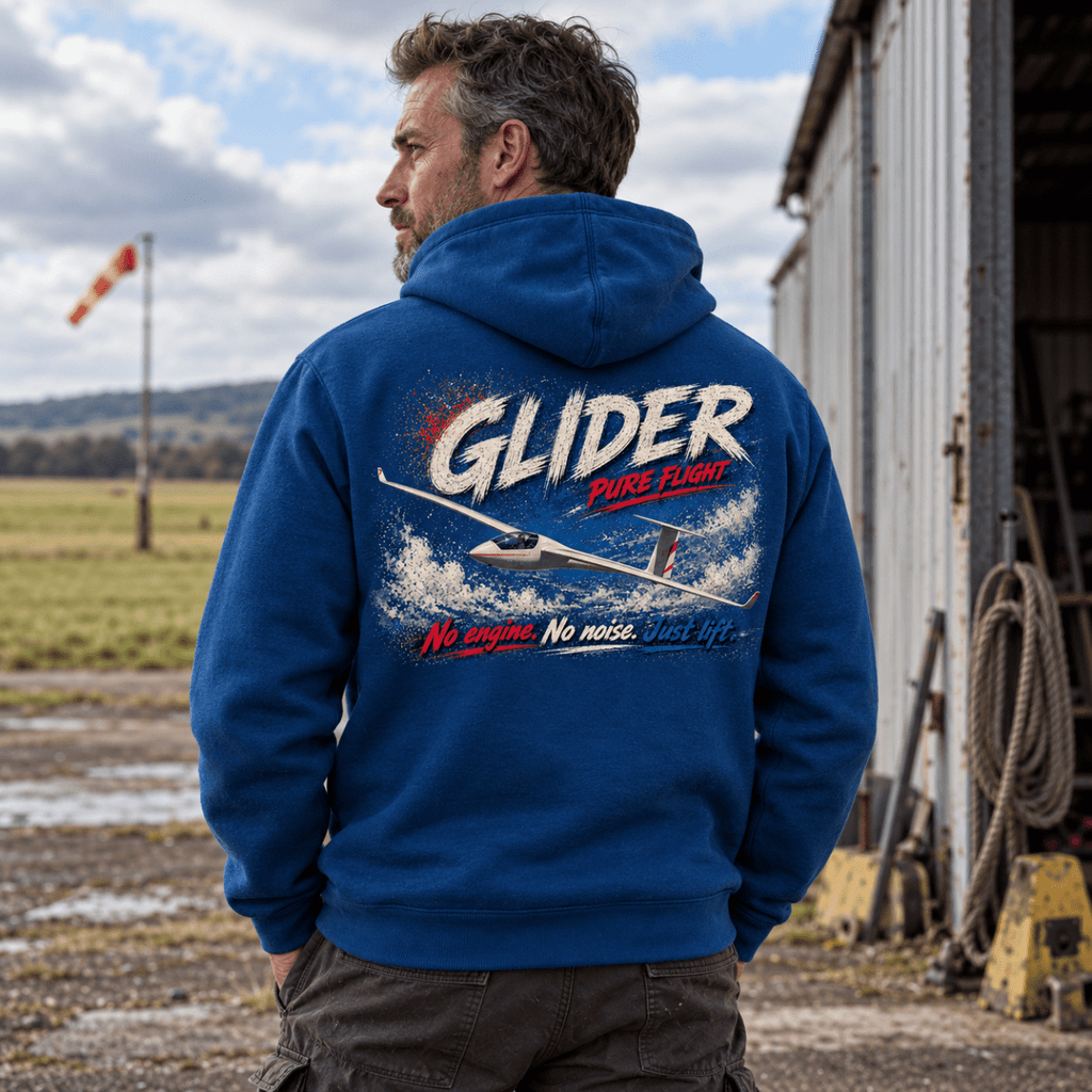 Glider Pure Flight hoodie in Sapphire Blue, back view worn by a model