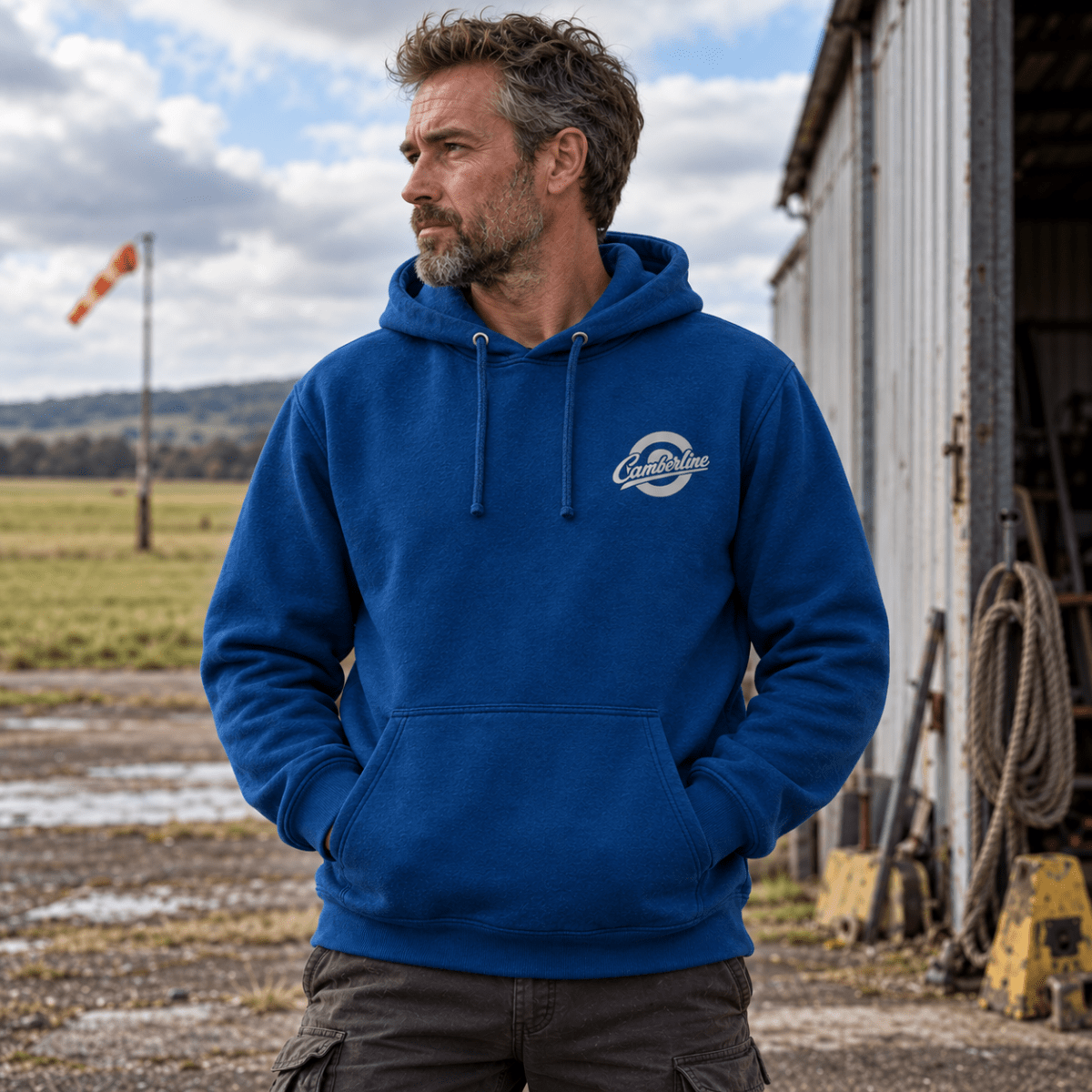 Glider Pure Flight hoodie in Sapphire Blue, front view worn by a model