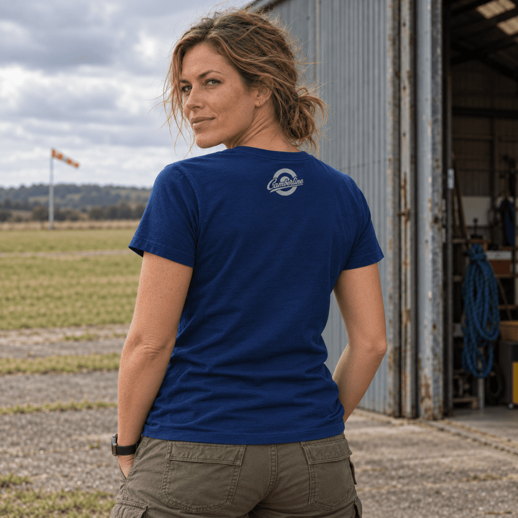 Glider Pure Flight t-shirt in Sapphire Blue, back view worn by a model