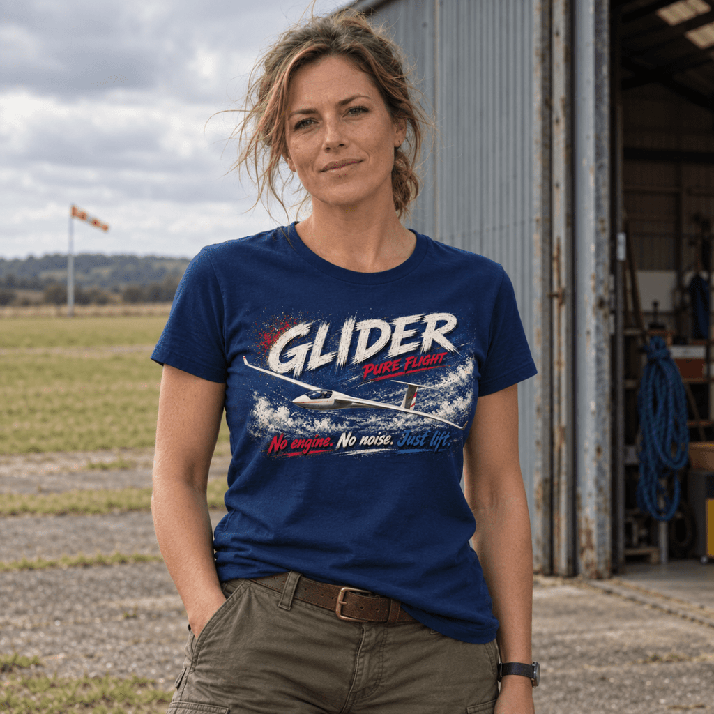 Glider Pure Flight t-shirt in Sapphire Blue, front view worn by a model
