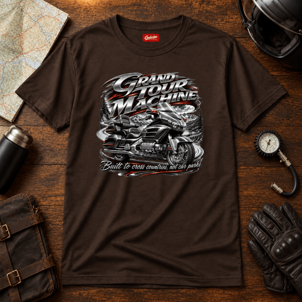 Grand Tour Machine touring motorcycle brown T-shirt front hero on a preparation bench