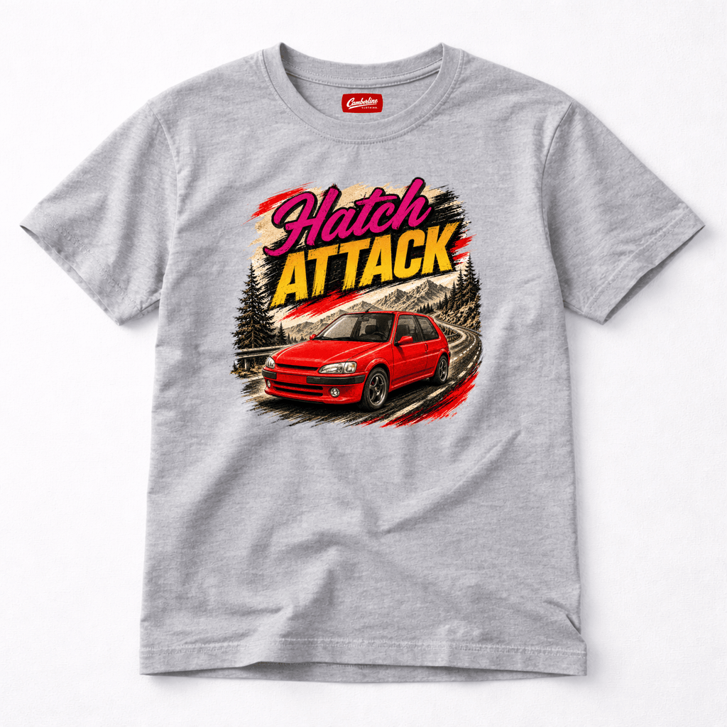 Gray t-shirt with a red car graphic and 'Hatch Attack' text on a white background