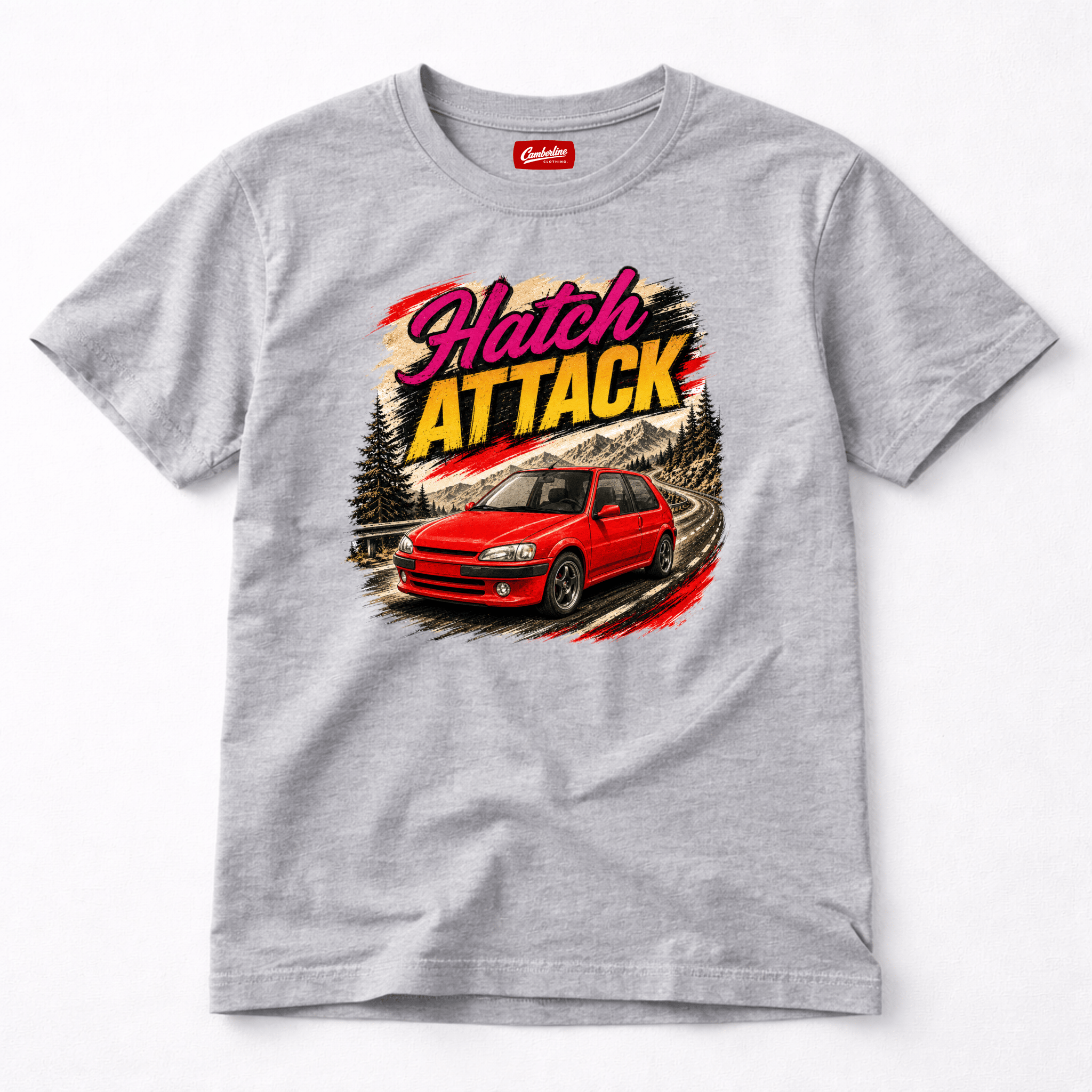 Gray t-shirt with a red car graphic and 'Hatch Attack' text on a white background