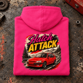 Hot Hatch Graphic Hoodie – Hatch Attack Red, folded back main hero on a worn automotive workbench – car-hd-0025