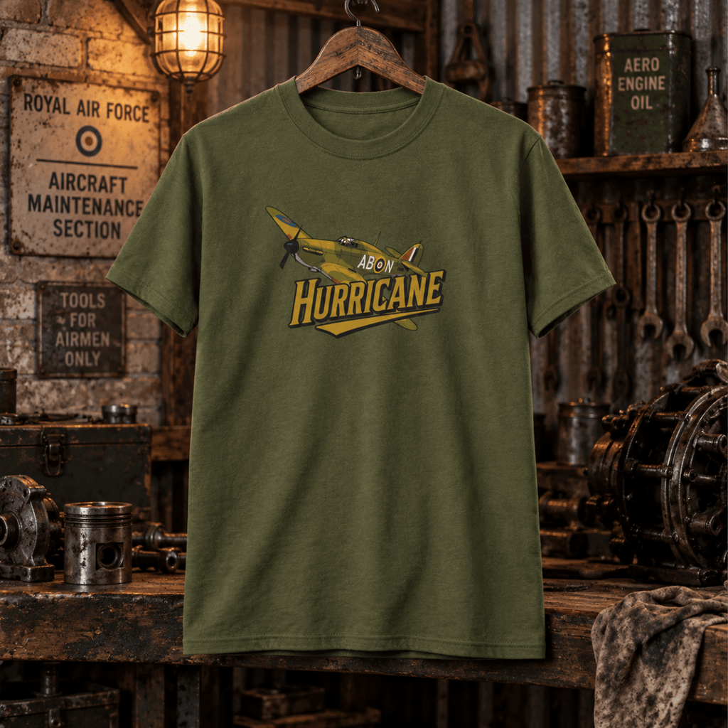 Hawker Hurricane military green T-shirt in a gritty RAF workshop