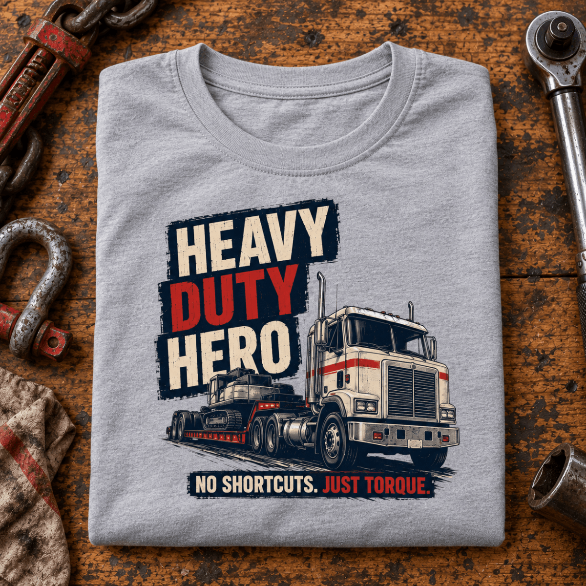 Grey Heavy Duty Hero lorry T-shirt folded on a heavy-haul workshop bench