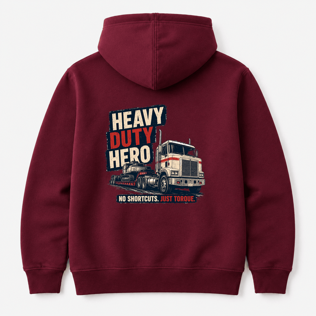 Maroon hoodie with 'Heavy Duty Hero' graphic on the back against a white background