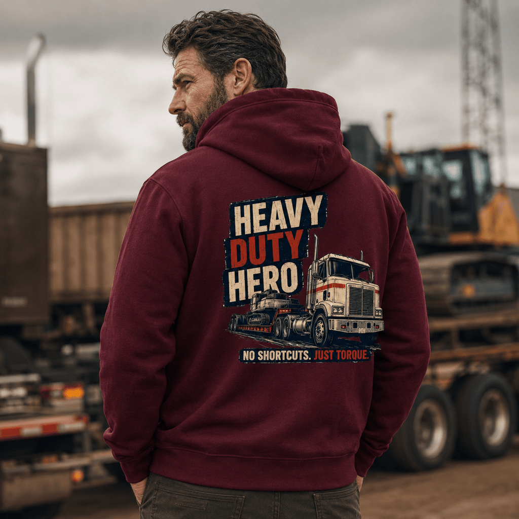 Man wearing a maroon hoodie with 'Heavy Duty Hero' text and truck graphic in an industrial setting.