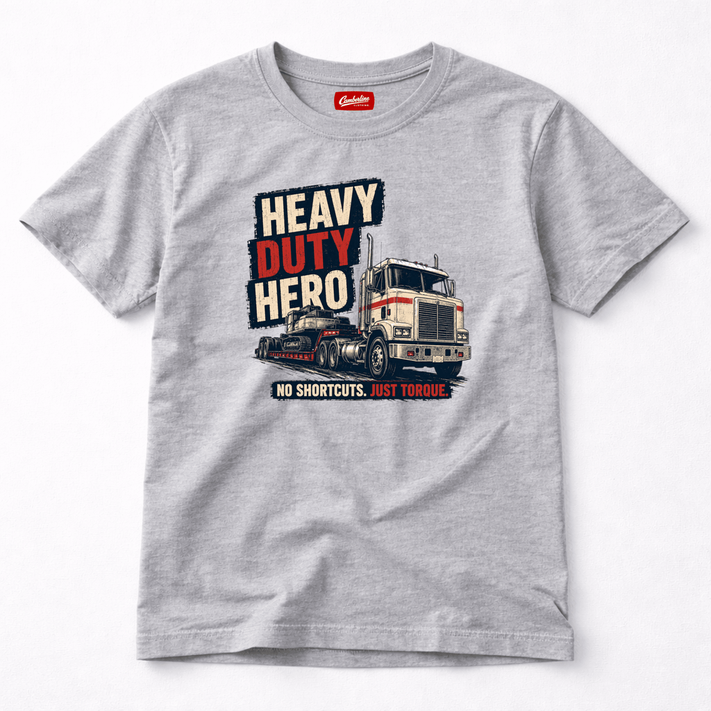 Heavy Duty Hero grey lorry graphic t-shirt with distressed low loader truck print and No Shortcuts Just Torque slogan