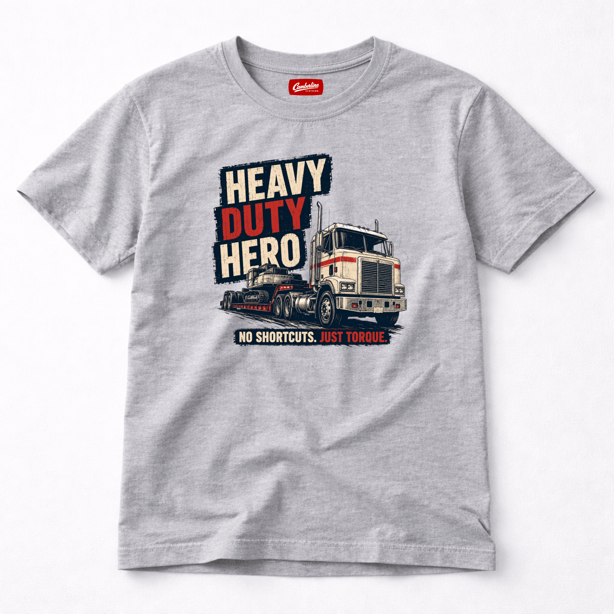 Heavy Duty Hero grey lorry graphic t-shirt with distressed low loader truck print and No Shortcuts Just Torque slogan