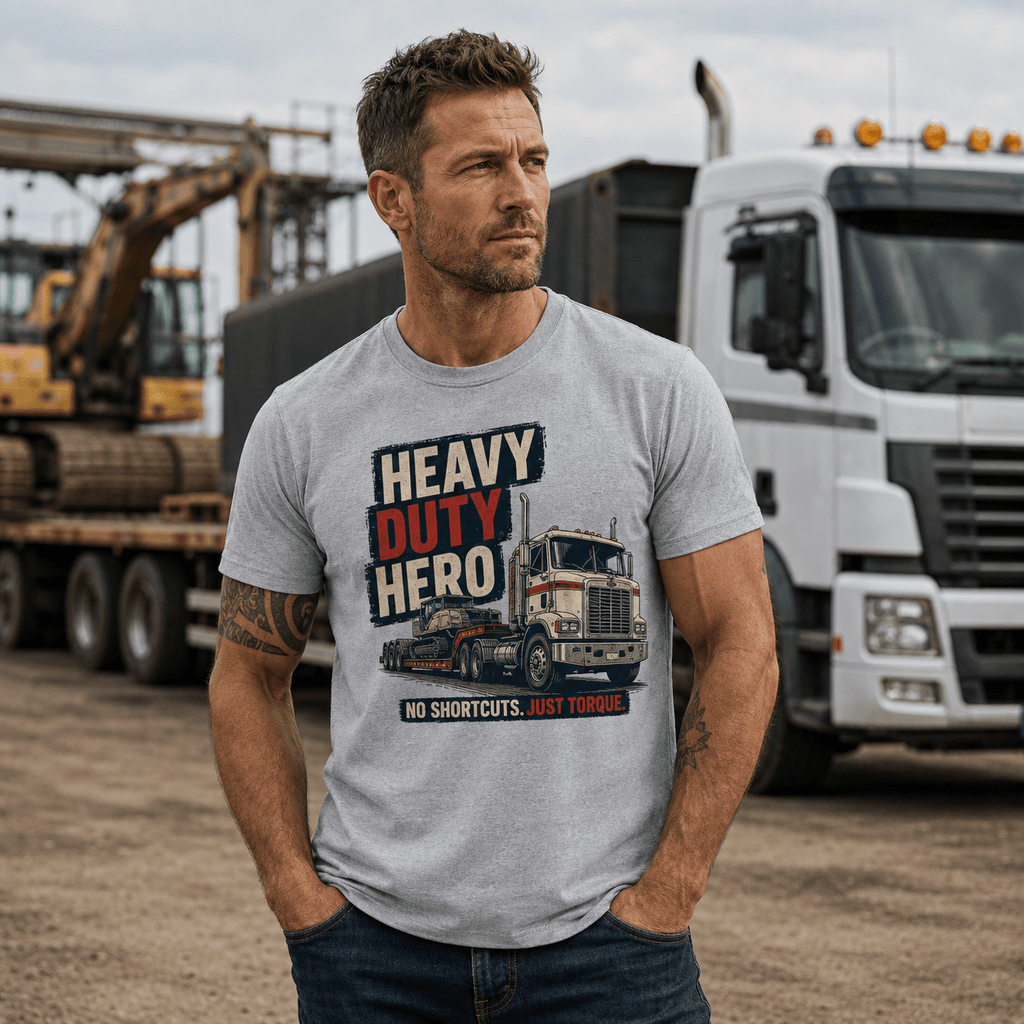 Male model wearing grey Heavy Duty Hero lorry t-shirt at a transport yard with flatbed lorry and construction equipment in the background