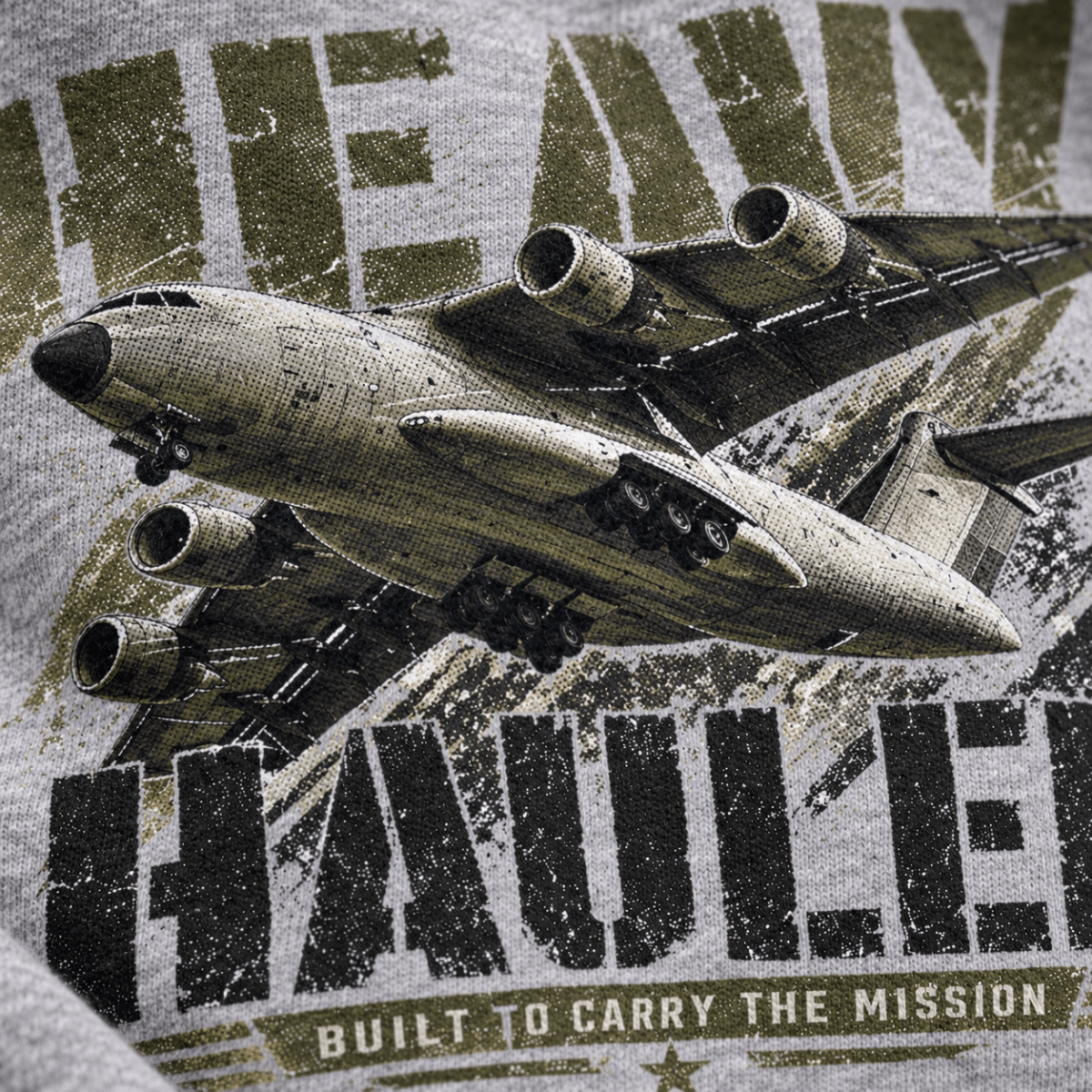 Heavy Hauler Transport Aircraft hoodie in Sport Grey (Heather Grey), close-up of the halftone artwork