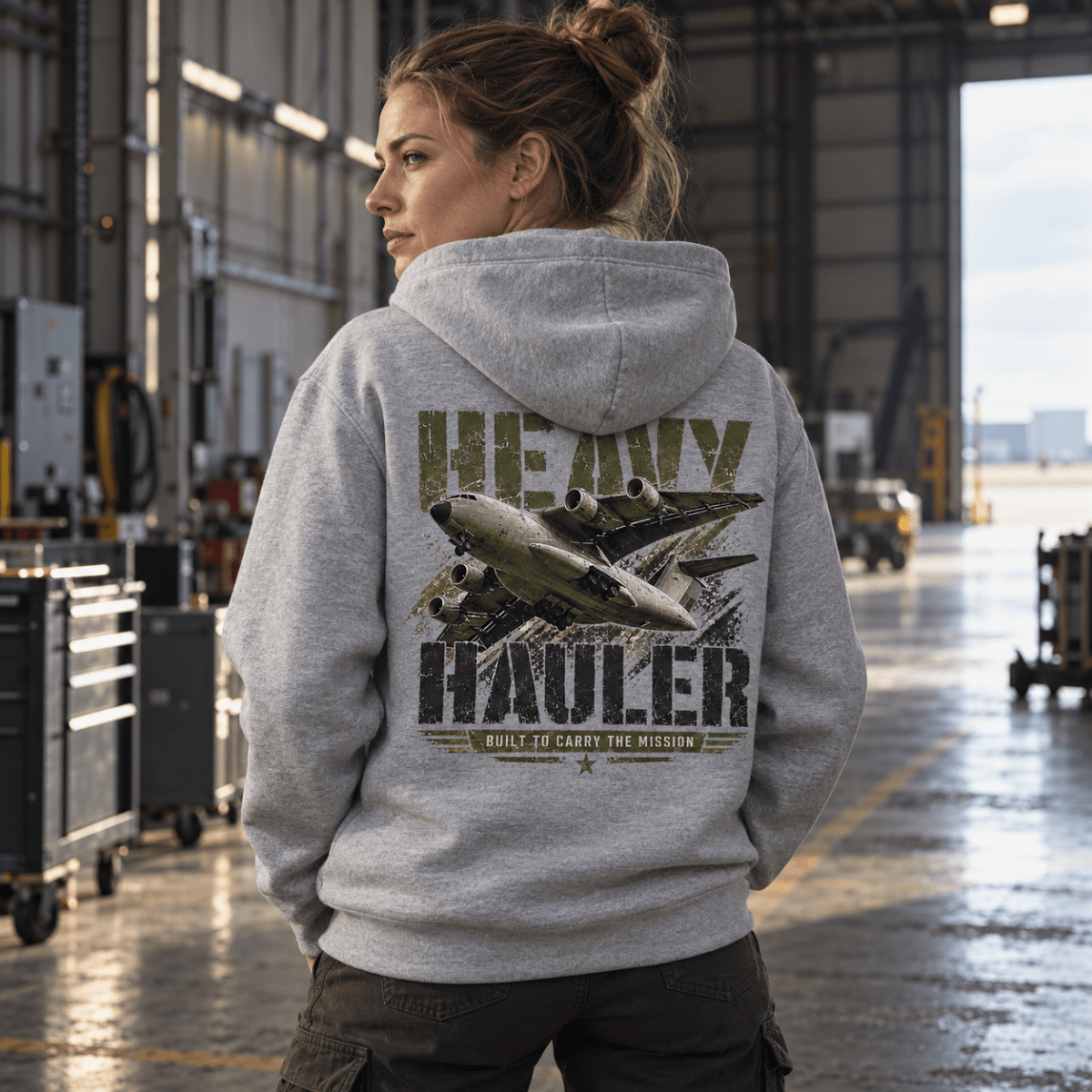 Heavy Hauler Transport Aircraft hoodie in Sport Grey (Heather Grey), back view worn by a model