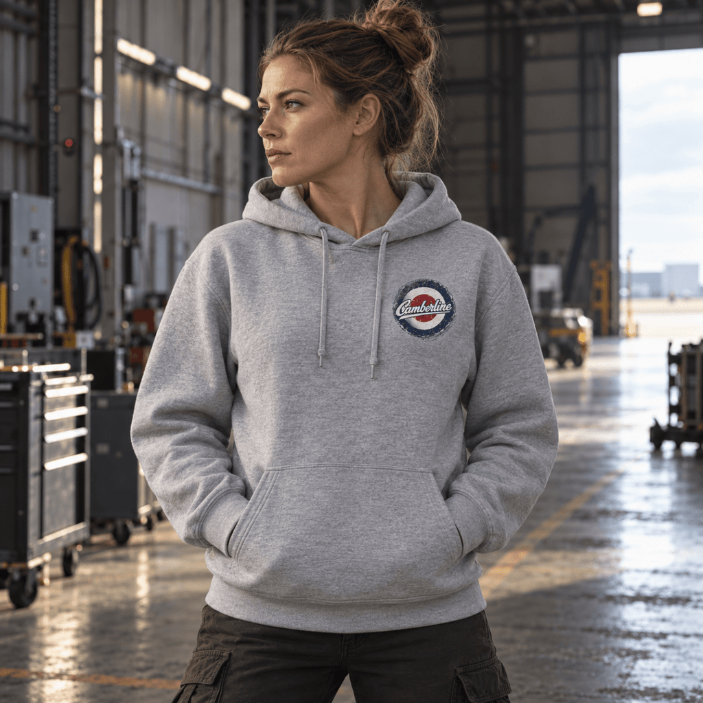 Heavy Hauler Transport Aircraft hoodie in Sport Grey (Heather Grey), front view worn by a model