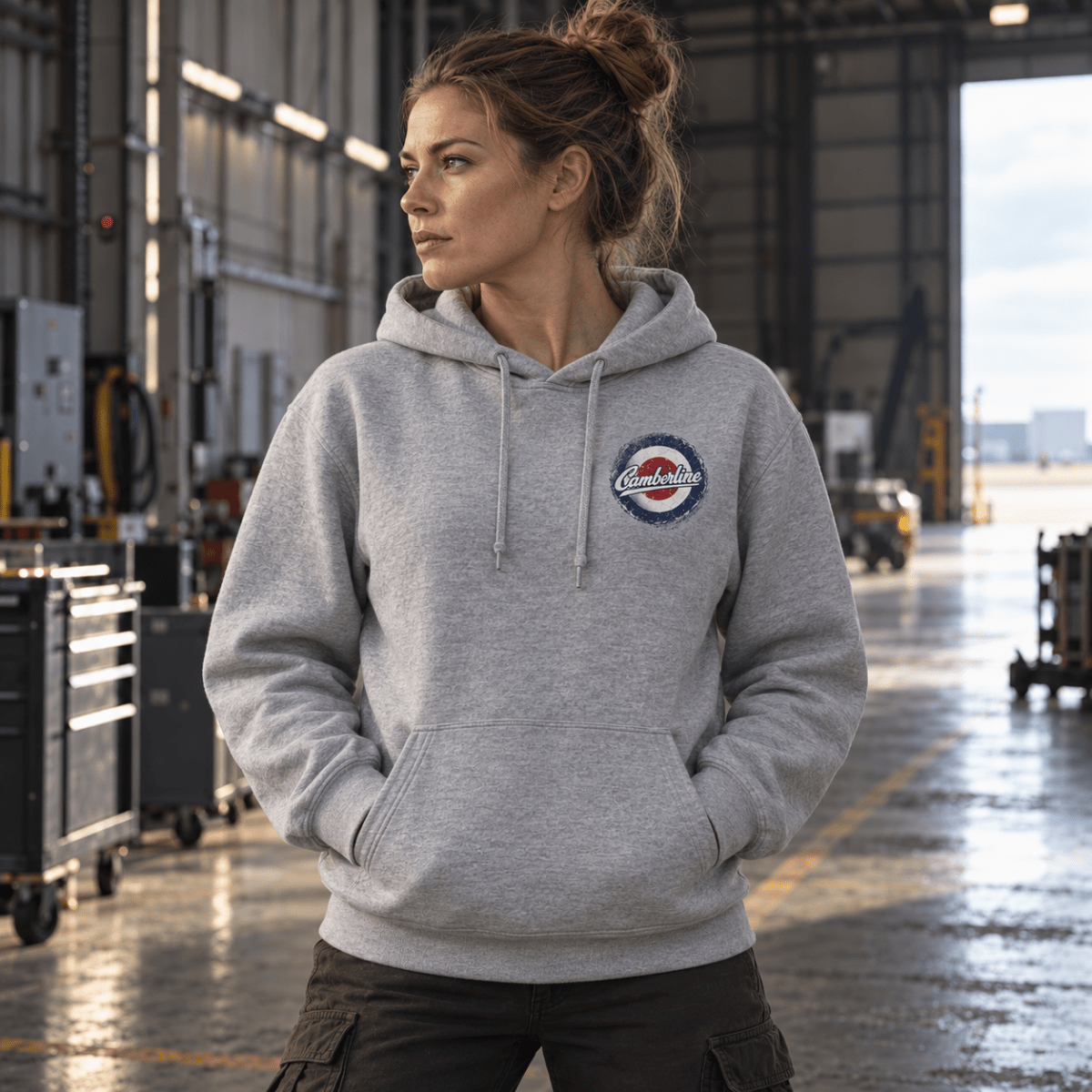 Heavy Hauler Transport Aircraft hoodie in Sport Grey (Heather Grey), front view worn by a model