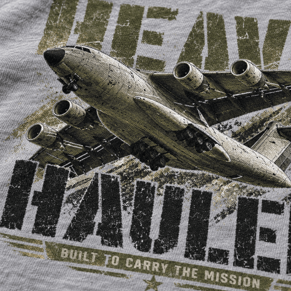 Heavy Hauler Transport Aircraft t-shirt in Sport Grey (Heather Grey), close-up of the halftone artwork