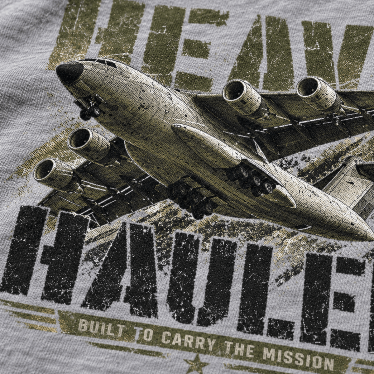 Heavy Hauler Transport Aircraft t-shirt in Sport Grey (Heather Grey), close-up of the halftone artwork