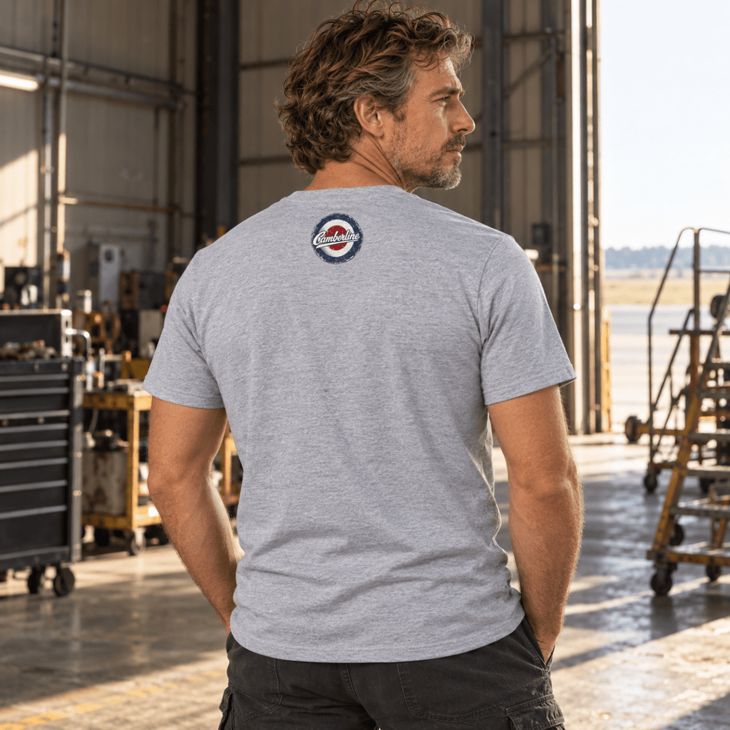 Heavy Hauler Transport Aircraft t-shirt in Sport Grey (Heather Grey), back view worn by a model