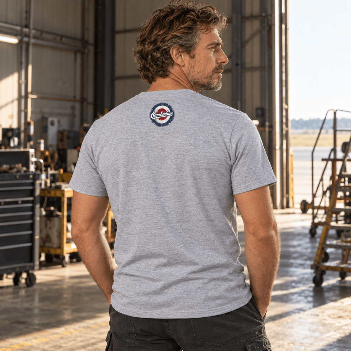 Heavy Hauler Transport Aircraft t-shirt in Sport Grey (Heather Grey), back view worn by a model