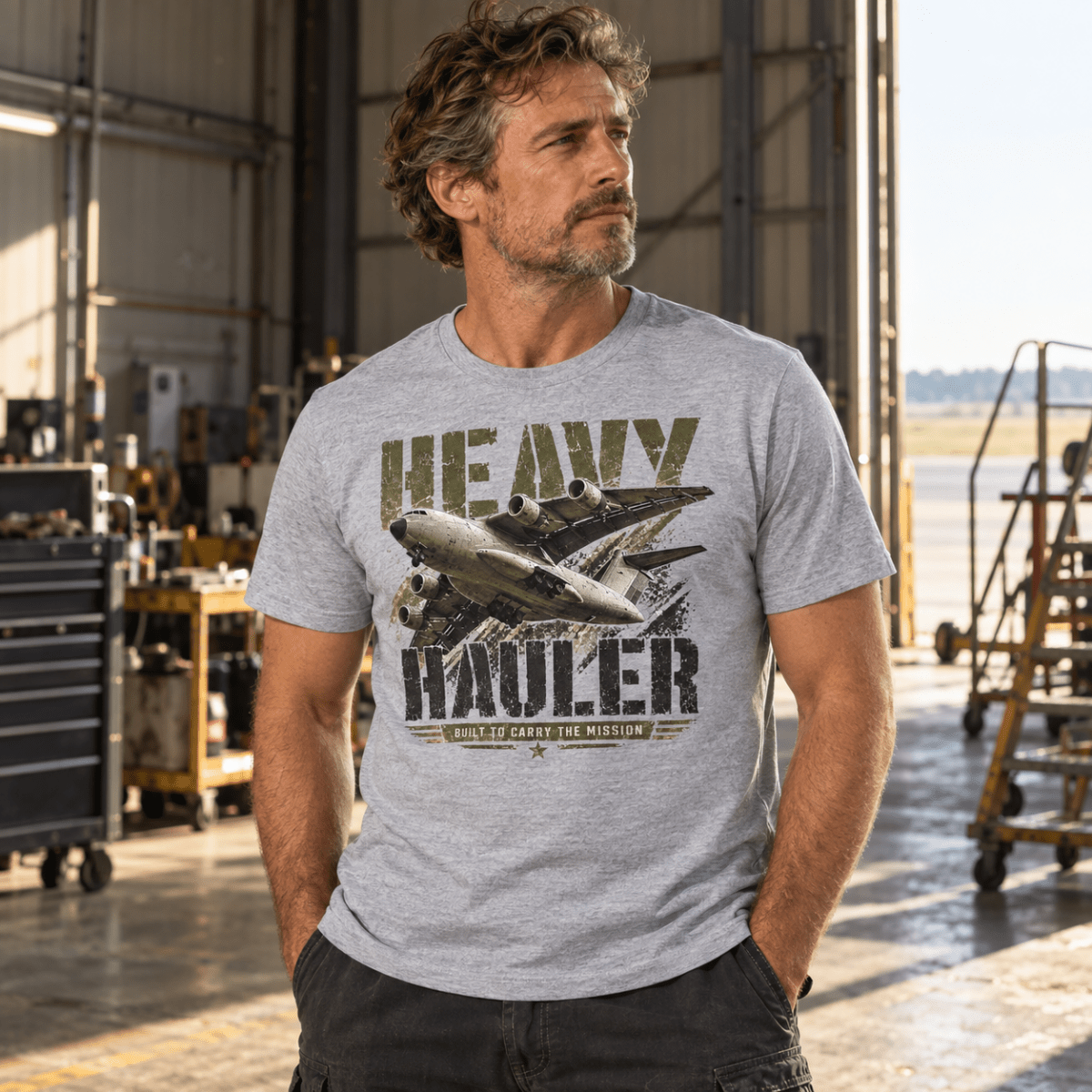 Heavy Hauler Transport Aircraft t-shirt in Sport Grey (Heather Grey), front view worn by a model