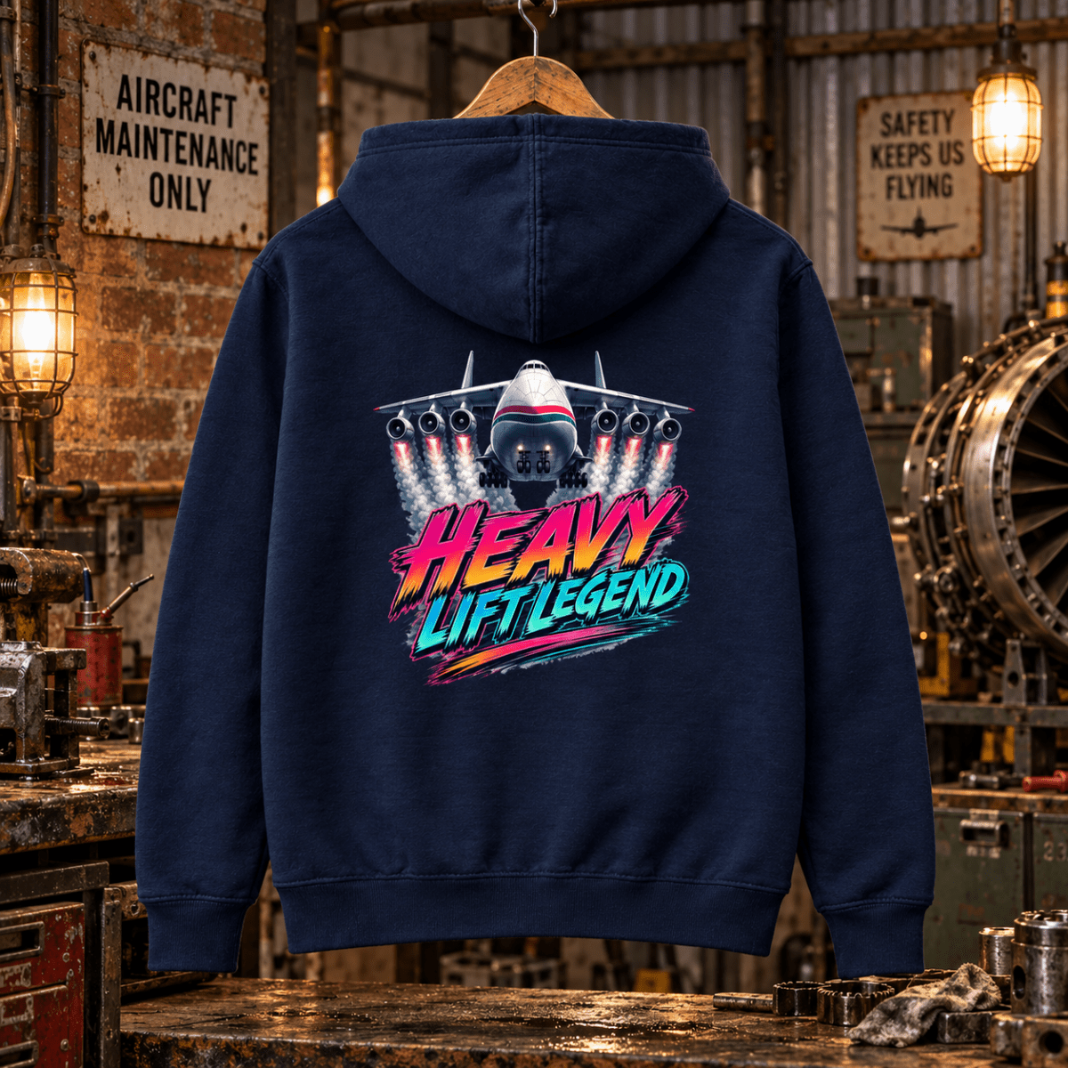 Navy Heavy Lift Legend An-225 six-engine cargo aircraft graphic hoodie in a gritty aviation workshop