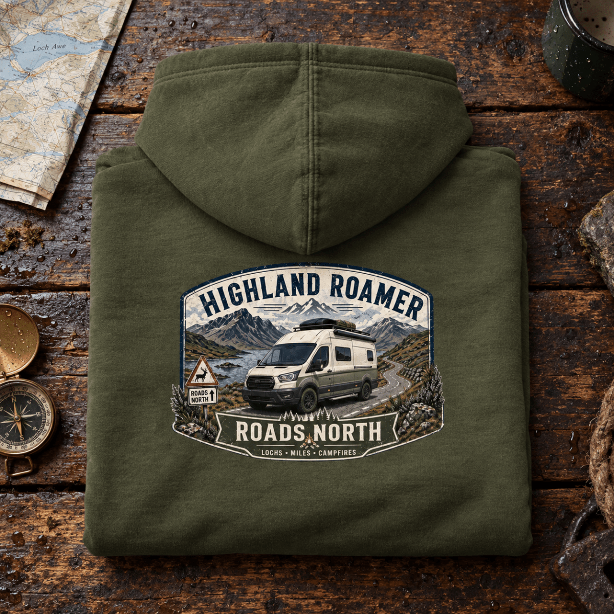 Folded khaki Highland Roamer Roads North van life hoodie, rear graphic product hero