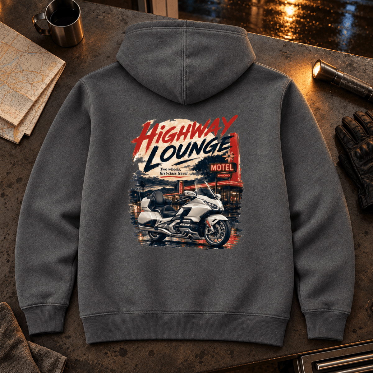 Highway Lounge touring motorcycle charcoal hoodie back hero in a night road workshop