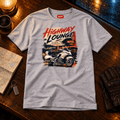 Highway Lounge touring motorcycle grey T-shirt front hero in a rainy road-stop setting