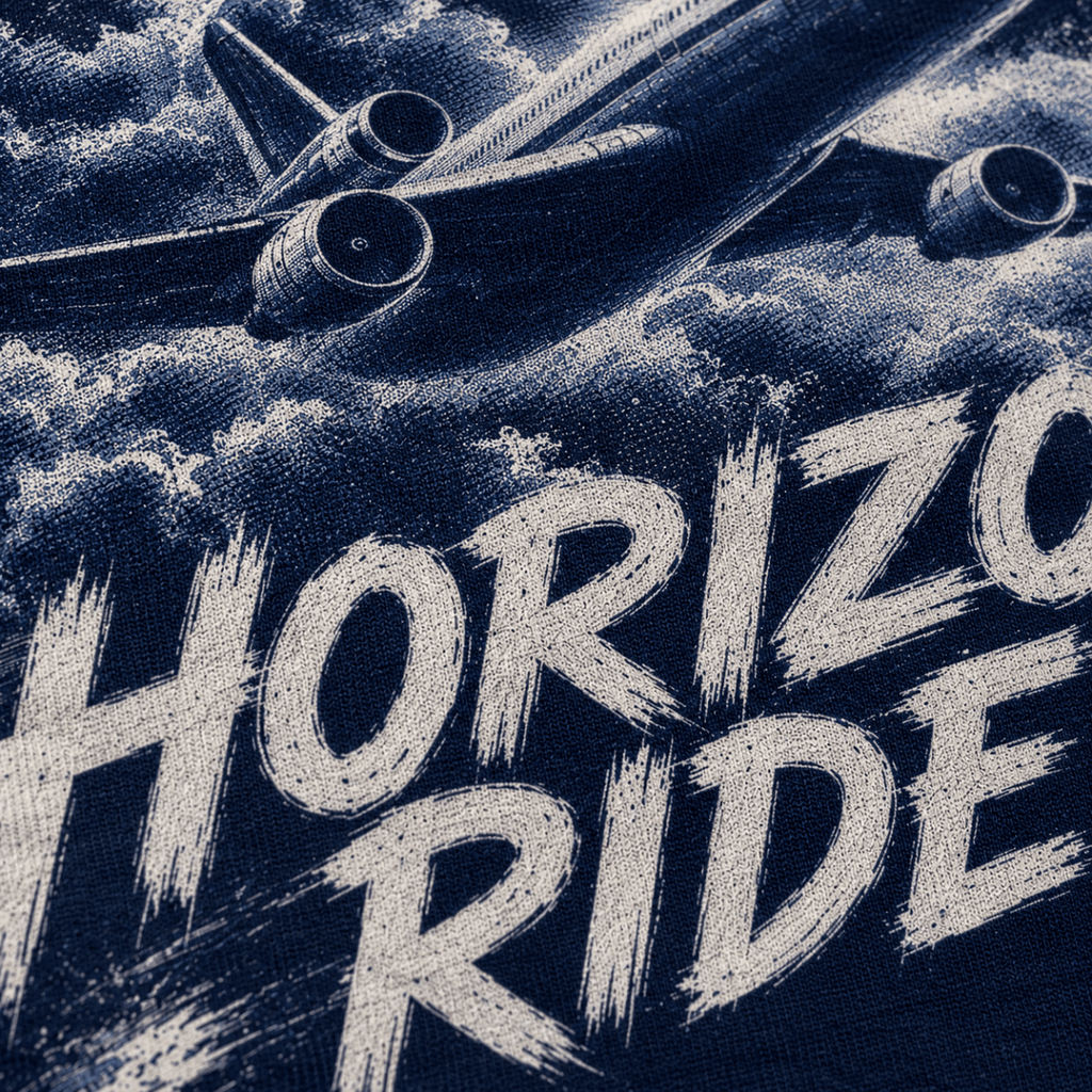 Close-up of Horizon Rider DC-10 halftone DTF hoodie print