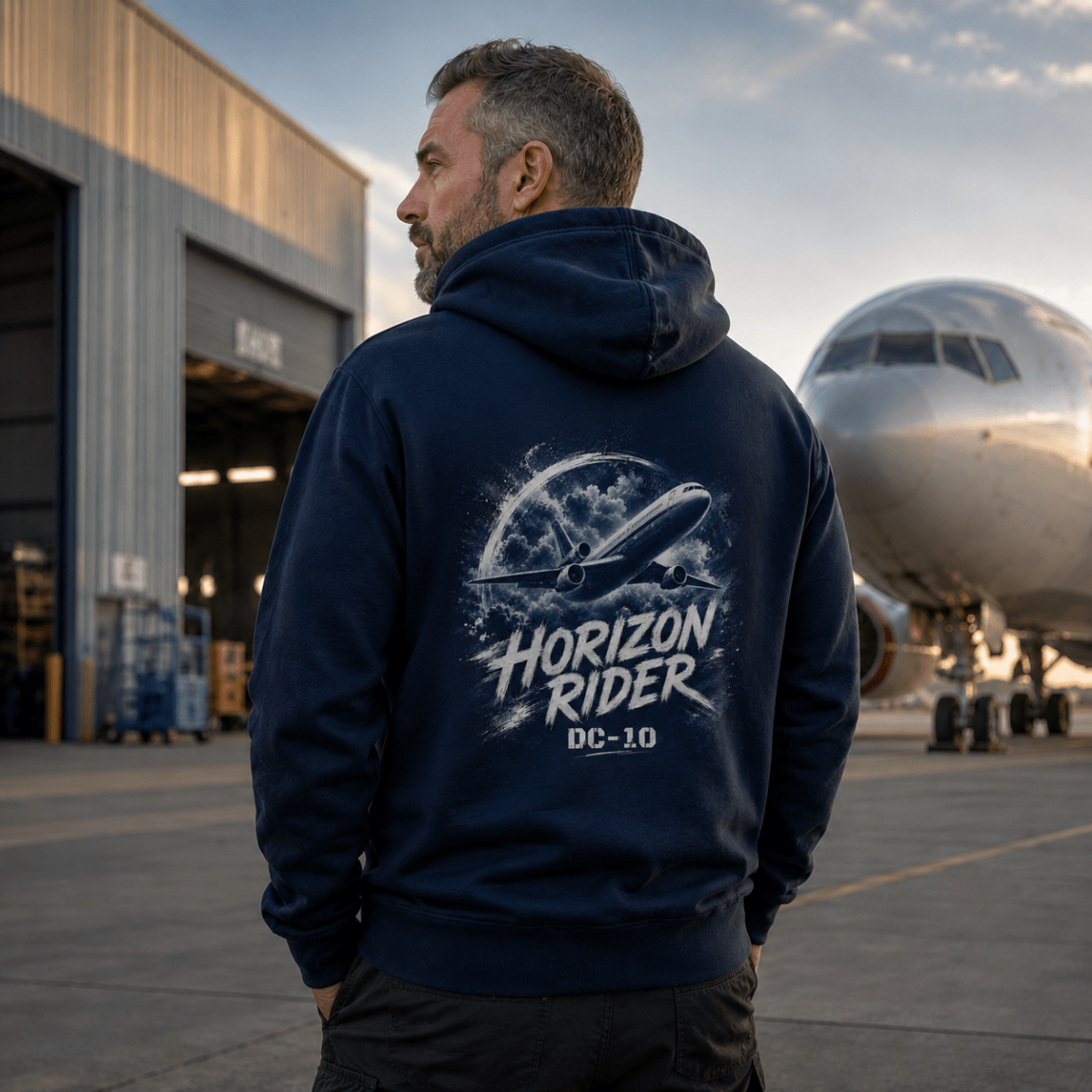 Model wearing Horizon Rider DC-10 navy aviation hoodie with back print