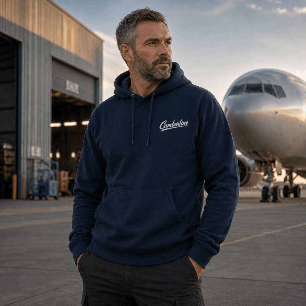 Model wearing Horizon Rider DC-10 navy aviation hoodie, front view