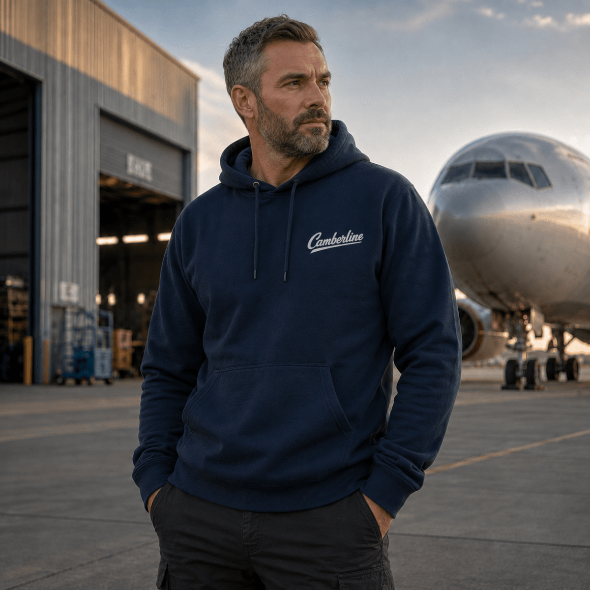 Model wearing Horizon Rider DC-10 navy aviation hoodie, front view