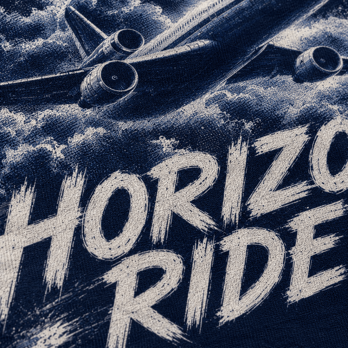 Close-up of Horizon Rider DC-10 halftone DTF print on navy fabric