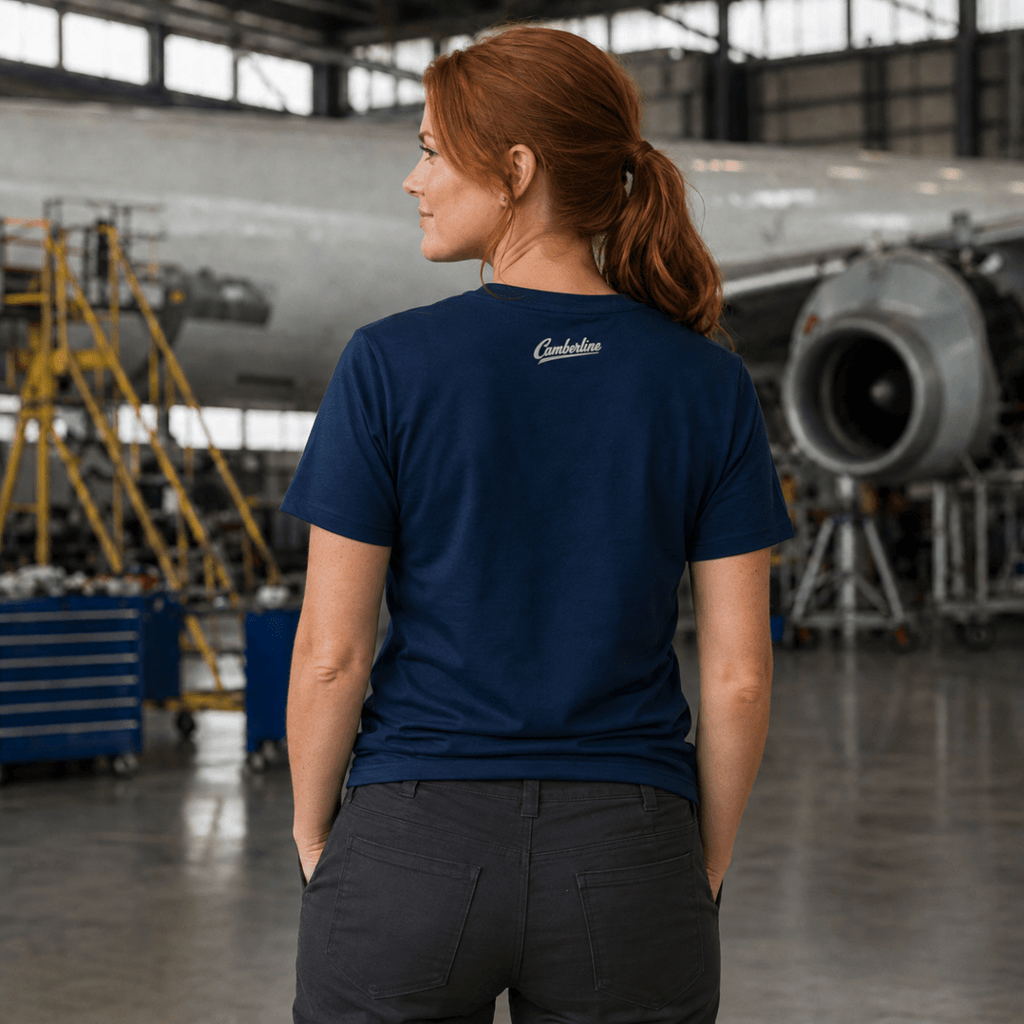 Model wearing Horizon Rider DC-10 navy T-shirt, back view