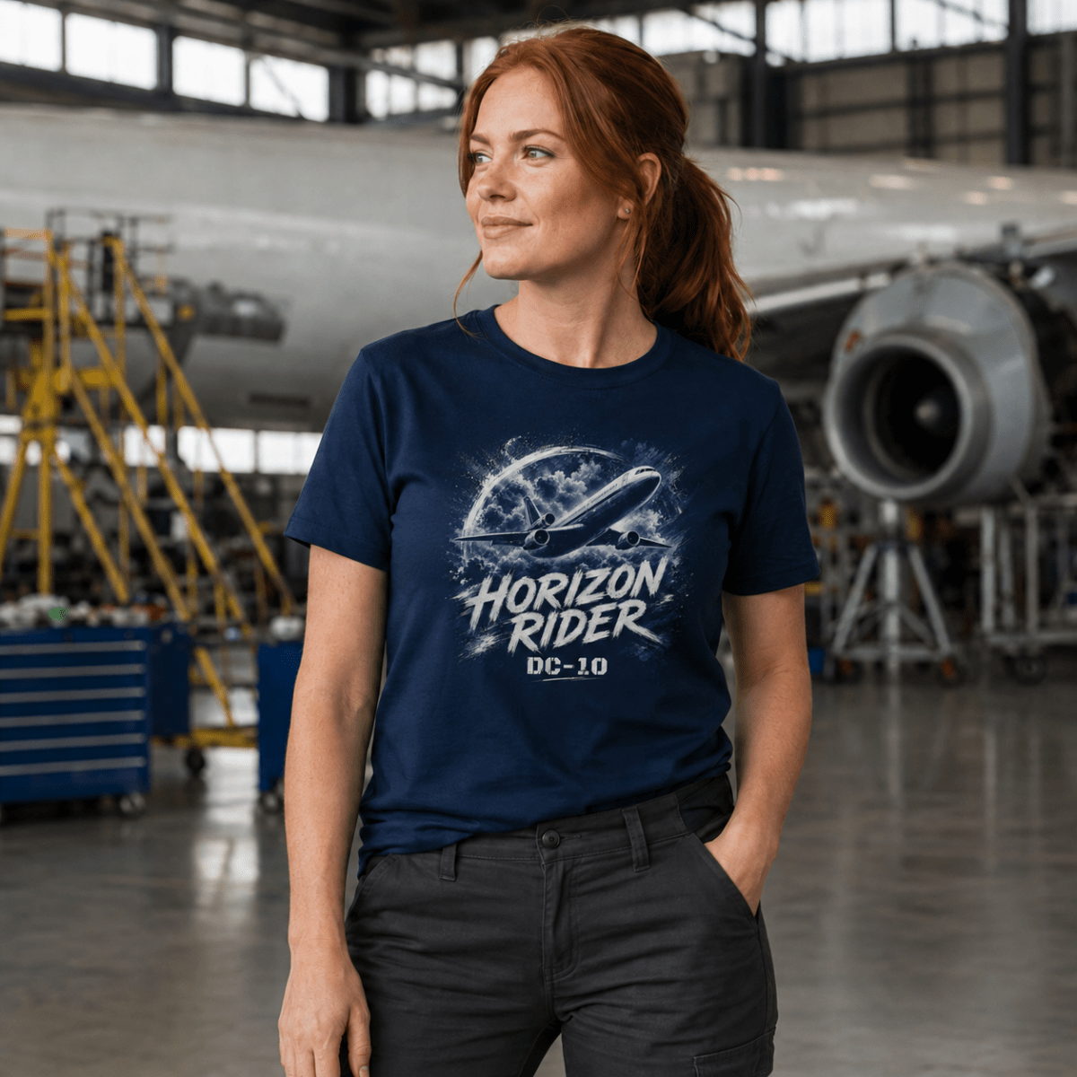Model wearing Horizon Rider DC-10 navy aviation T-shirt, front view