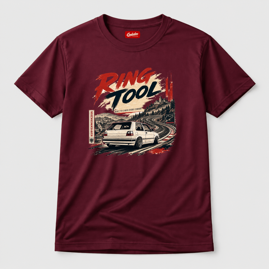 Burgundy t-shirt featuring a white classic hot hatch on a race track with "Ring Tool"  by Camberline Clothing.