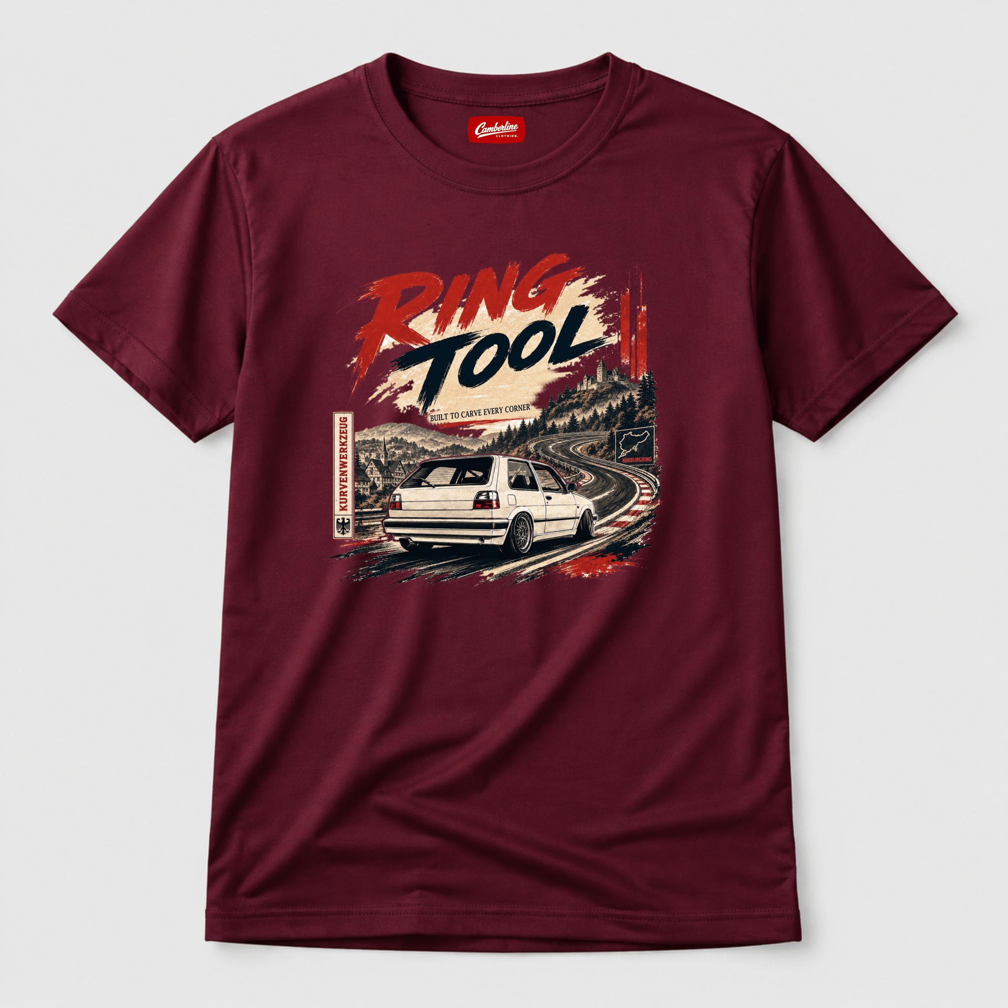 Burgundy t-shirt featuring a white classic hot hatch on a race track with "Ring Tool"  by Camberline Clothing.