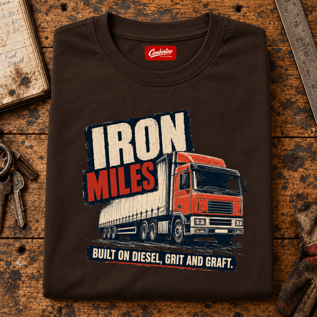 Brown Iron Miles lorry T-shirt folded on an aged transport workshop counter