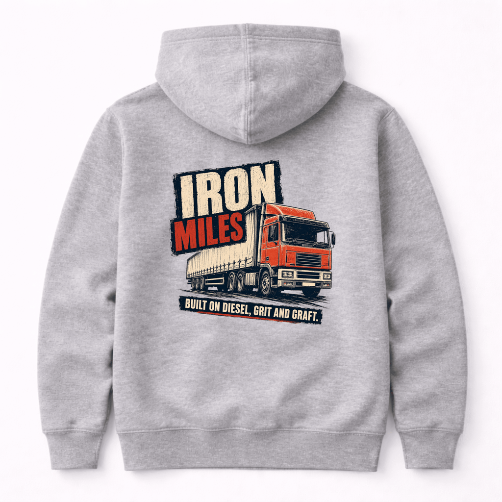 Heather grey hoodie displaying a classic orange and red lorry with the text "Iron Miles Built on Diesel, Grit and Graft".
