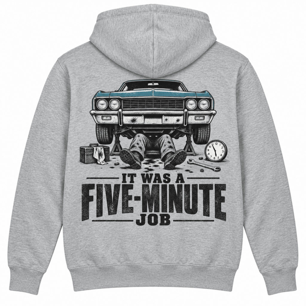 It Was a Five Minute Job classic car mechanic hoodie in sport grey (heather grey), back garment view – car-hd-0803