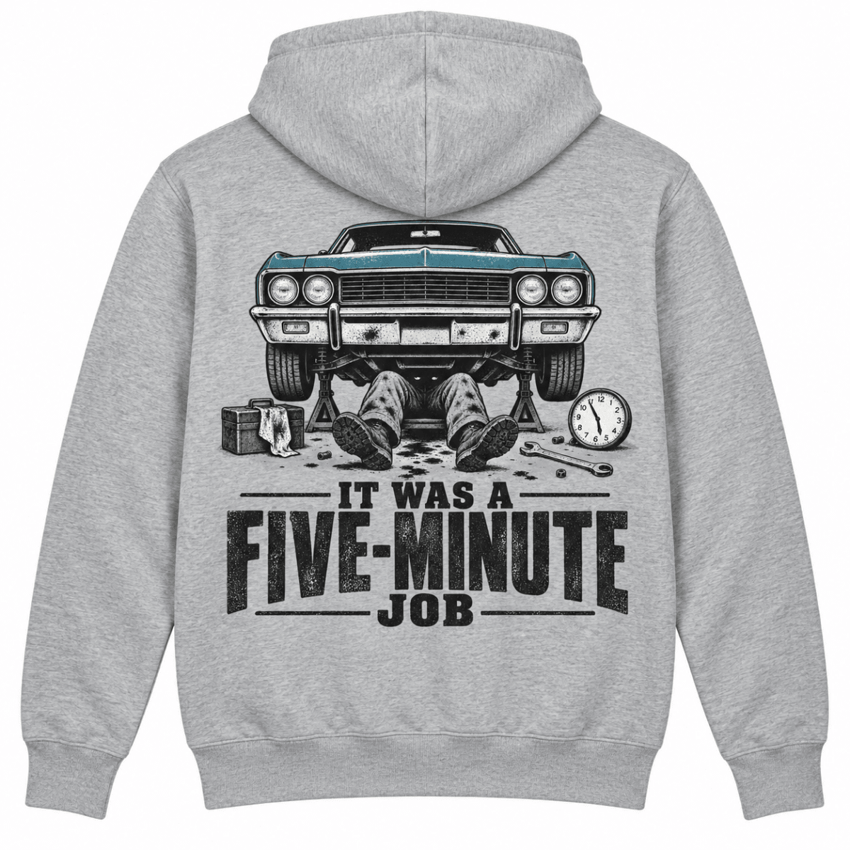 It Was a Five Minute Job classic car mechanic hoodie in sport grey (heather grey), back garment view – car-hd-0803